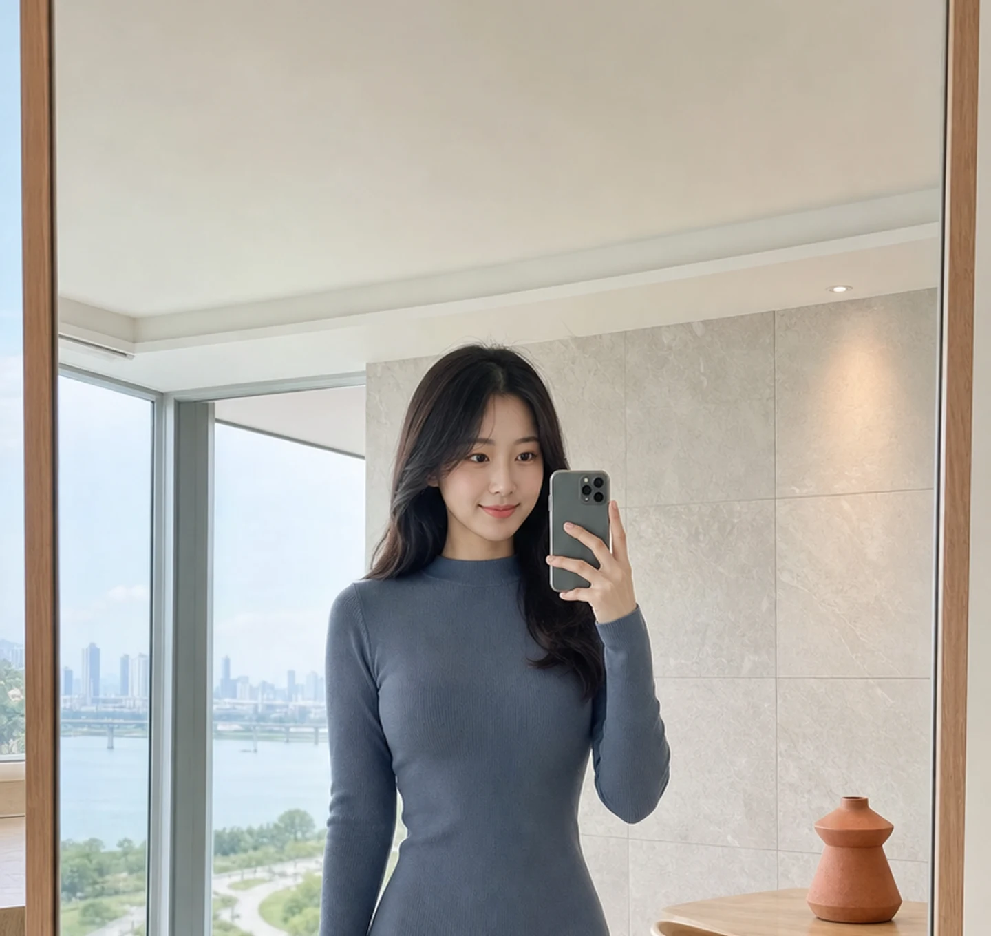 밝은 강변 주거 공간 거울 앞에 단정한 원피스 차림으로 선 20대 한국인 여성
