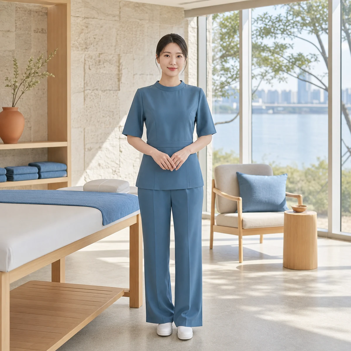 리버 블루색 전문복을 단정하게 착용한 20대 한국인 여성 마사지사